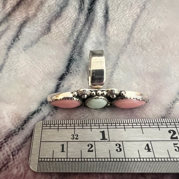 ❤️ Queen Pink Conch & Paloma Turquoise Navajo 8.25 Adjustable Ring 11.7gm - Picture 9 of 12